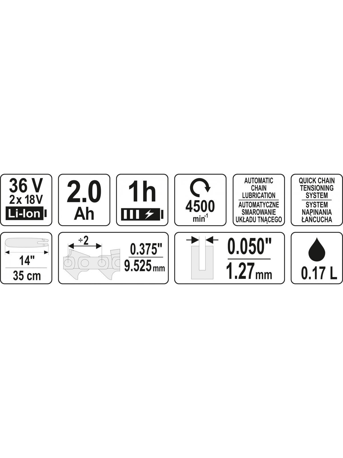 Pjūklas grandininis akumuliatorinis 14" 36V=2X18V (2X2,0Ah) Yato 5