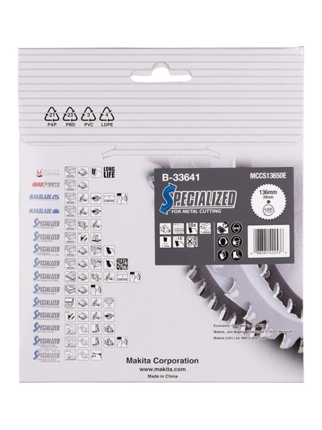 Pjovimo diskas metalui Makita; 136x1,4x20,0 mm; Z50; -15° 2 Pjovimo diskas metalui Makita; 136x1,4x20,0 mm; Z50; -15° 2