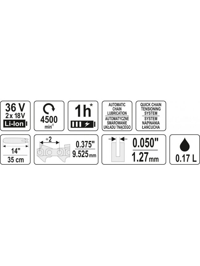 Pjūklas grandininis akumuliatorinis 14" 36V (be akumuliatoriaus) Yato 2