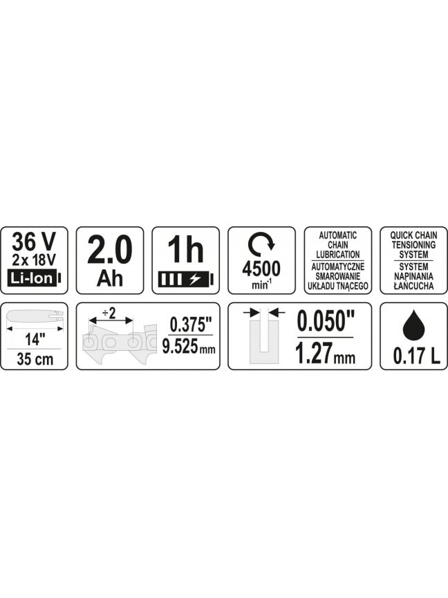 Pjūklas grandininis akumuliatorinis 14" 36V=2X18V (2X2,0Ah) Yato 5 Pjūklas grandininis akumuliatorinis 14" 36V=2X18V (2X2,0Ah) Yato 5