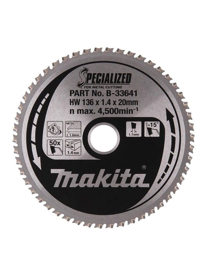 Pjovimo diskas metalui Makita; 136x1,4x20,0 mm; Z50; -15° Pjovimo diskas metalui Makita; 136x1,4x20,0 mm; Z50; -15°