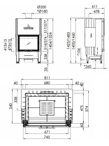Plieninis židinio ugniakuras Spartherm Varia 1Vh-4S, stiklo aukštis 51,3 cm