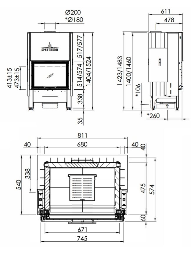 Plieninis židinio ugniakuras Spartherm Varia 1Vh-4S, stiklo aukštis 51,3 cm