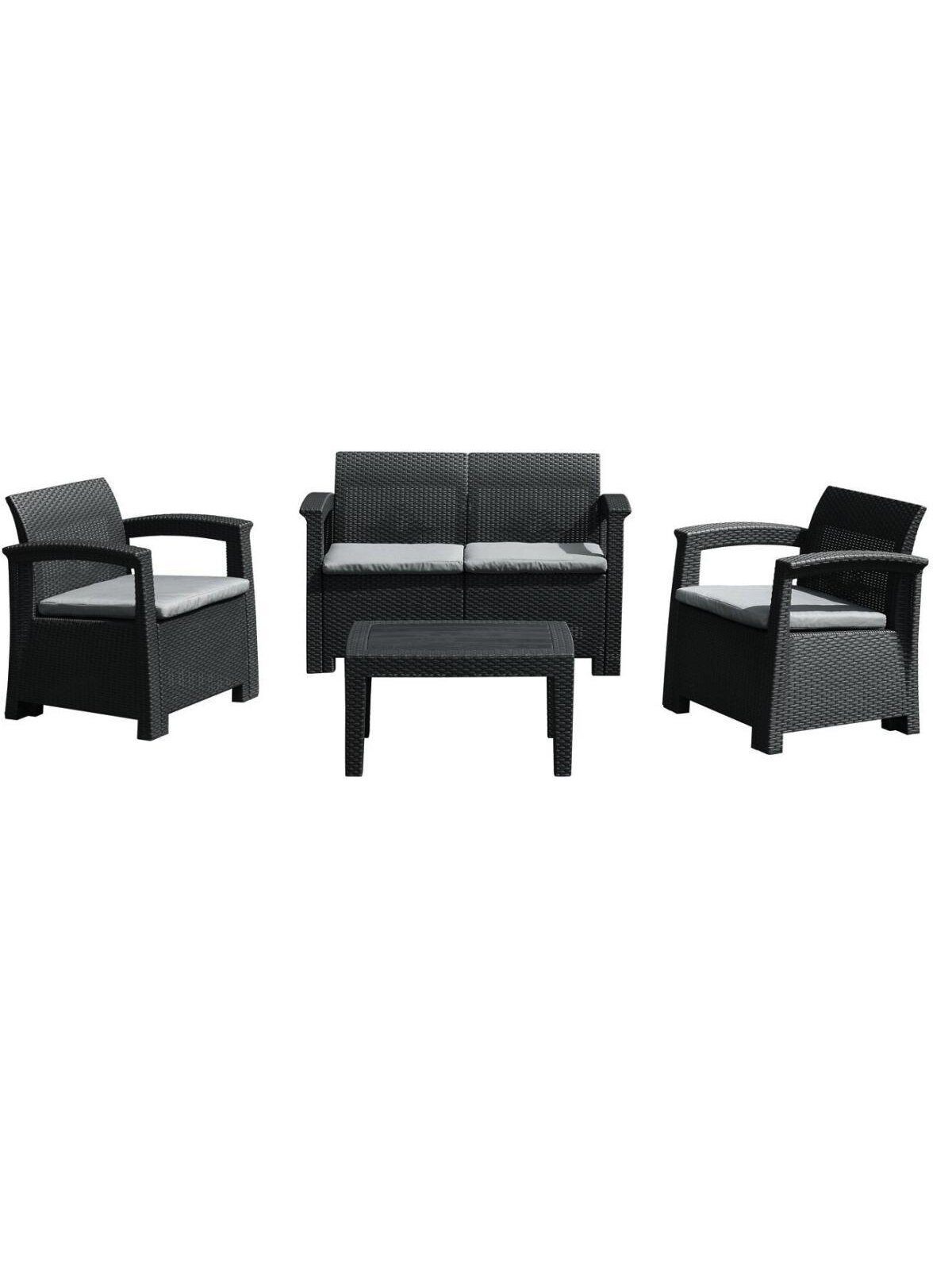Rotango baldų komplektas: sofa, 2 foteliai, stalas