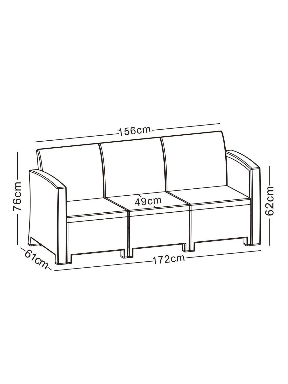 Trivietė rotango sodo sofa 172 cm, pilka 1