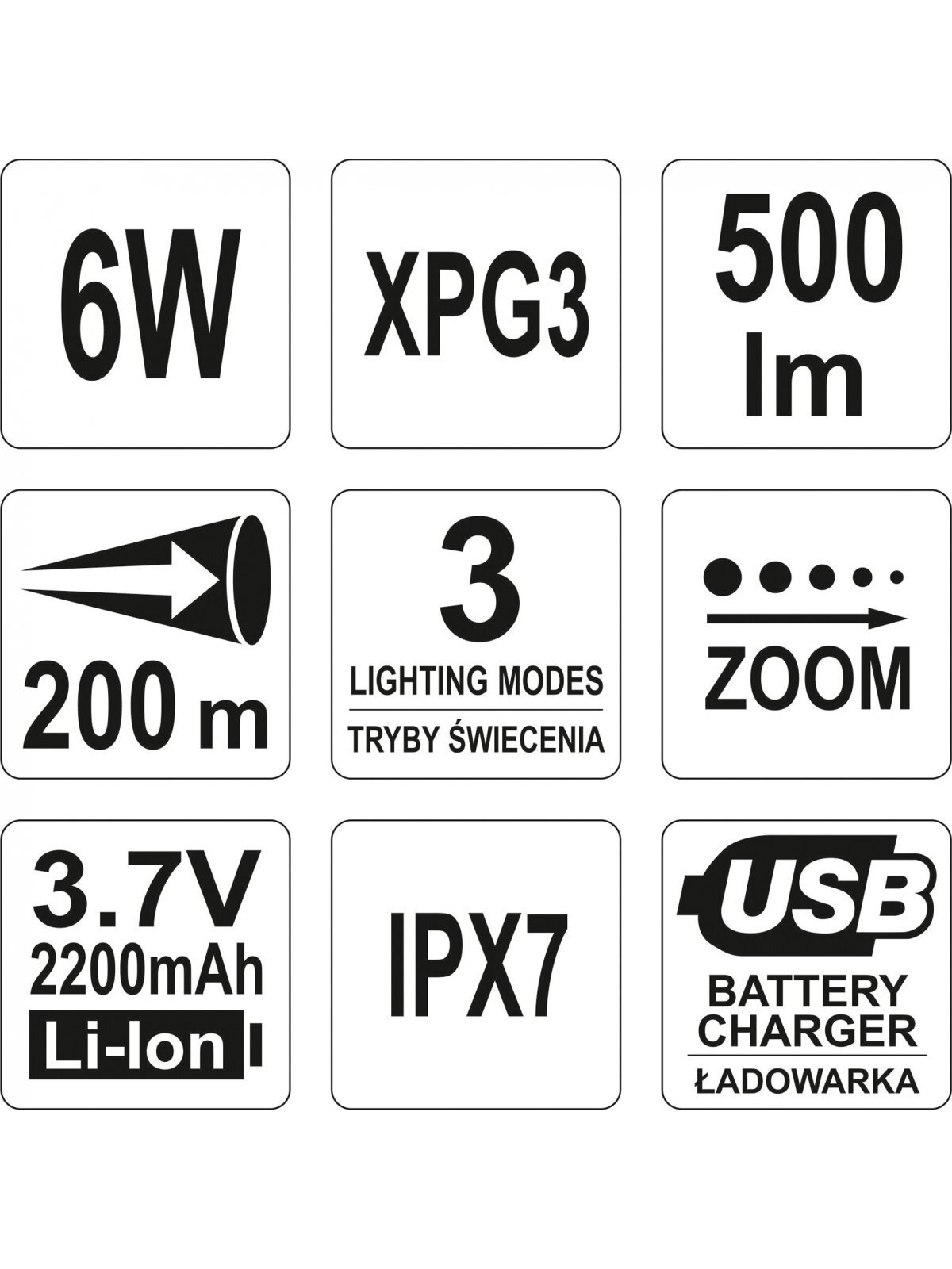 Prožektorius XP-G3 CREE 6W Li-Ion 3.7V 2200 mAh akumuliatorinis Yato 5
