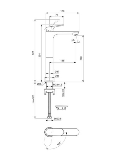 Praustuvo maišytuvas Ideal Standard CeraLife O H240 be dugno vožtuvo, BlueStart, 3,8 l/min, matinė juoda 1 Praustuvo maišytuvas Ideal Standard CeraLife O H240 be dugno vožtuvo, BlueStart, 3,8 l/min, matinė juoda 1