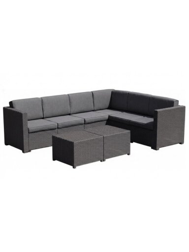 Kampinė rotango sodo sofa 247x190 cm ir 2 staliukai 56x56 cm, pilki