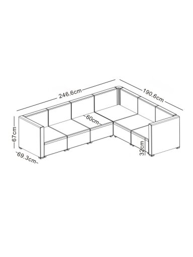 Kampinė rotango sodo sofa 247x190 cm ir 2 staliukai 56x56 cm, pilki