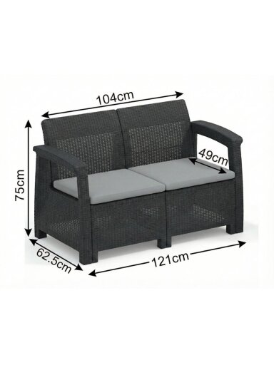 Rotango baldų komplektas: sofa, 2 foteliai, stalas