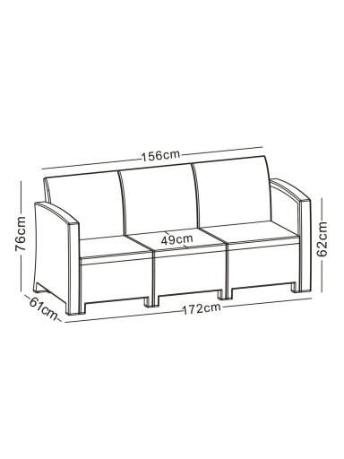 Trivietė rotango sodo sofa 172 cm, pilka