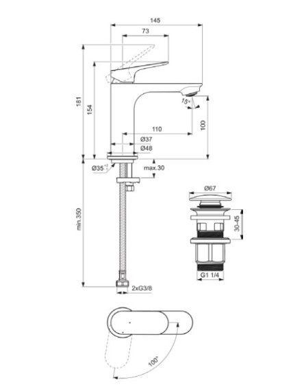 Praustuvo maišytuvas Ideal Standard CeraLife O H100 su „click-clack“ dugno vožtuvu, 3,8 l/min, matinė juoda 1 Praustuvo maišytuvas Ideal Standard CeraLife O H100 su „click-clack“ dugno vožtuvu, 3,8 l/min, matinė juoda 1