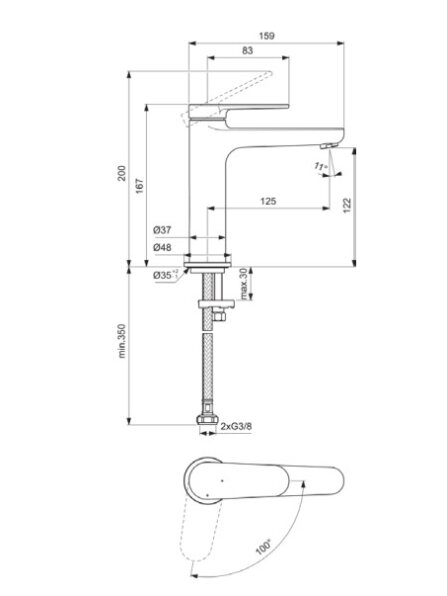 Praustuvo maišytuvas Ideal Standard CERAFINE O Nuovo H120, be dugno vožtuvo, BlueStart, 3,8 l/min, matinė juoda 1 Praustuvo maišytuvas Ideal Standard CERAFINE O Nuovo H120, be dugno vožtuvo, BlueStart, 3,8 l/min, matinė juoda 1