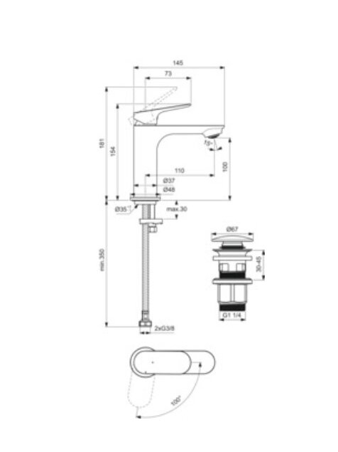 Praustuvo maišytuvas Ideal Standard CeraLife O H100 su „click-clack“ dugno vožtuvu, 3,8 l/min, chromas 1