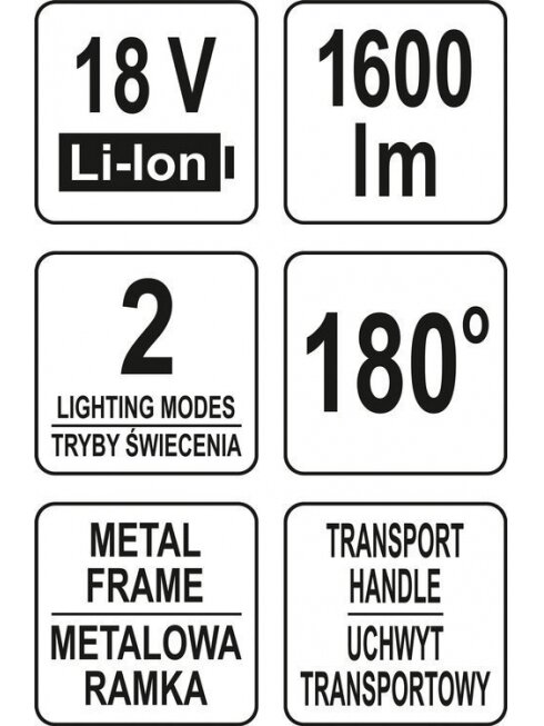 Prožektorius 18V 1600LM 20W LED akumuliatorinis (be akumuliatoriaus) Yato 7 Prožektorius 18V 1600LM 20W LED akumuliatorinis (be akumuliatoriaus) Yato 7