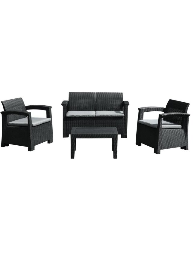 Rotango baldų komplektas: sofa, 2 foteliai, stalas