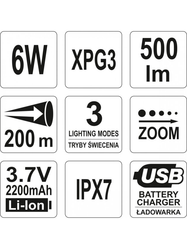 Prožektorius XP-G3 CREE 6W Li-Ion 3.7V 2200 mAh akumuliatorinis Yato 5 Prožektorius XP-G3 CREE 6W Li-Ion 3.7V 2200 mAh akumuliatorinis Yato 5