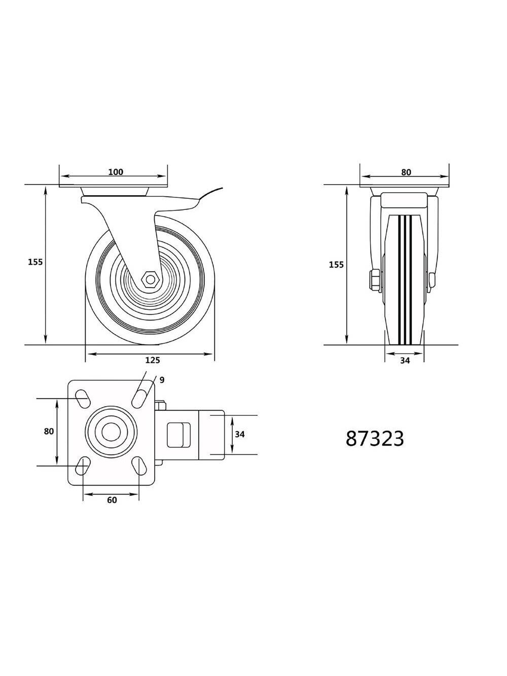 Ratukas vežimėliui, guminis, juodas, pasukamas su stabdžiu Vorel | d-125mm, 100kg 1 Ratukas vežimėliui, guminis, juodas, pasukamas su stabdžiu Vorel | d-125mm, 100kg 1