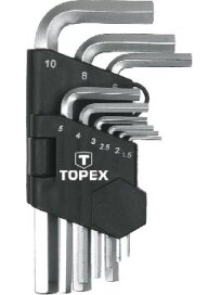 Raktų šešiabriaunių rinkinys 9vnt. 1,5-10mm trumpi Hex Cr-V Topex Raktų šešiabriaunių rinkinys 9vnt. 1,5-10mm trumpi Hex Cr-V Topex