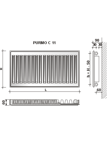 Radiatorius Purmo Compact C 11, 500-600, pajungimas šone 1 Radiatorius Purmo Compact C 11, 500-600, pajungimas šone 1