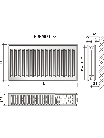 Radiatorius Purmo Compact C 22, 500-800, pajungimas šone 1 Radiatorius Purmo Compact C 22, 500-800, pajungimas šone 1