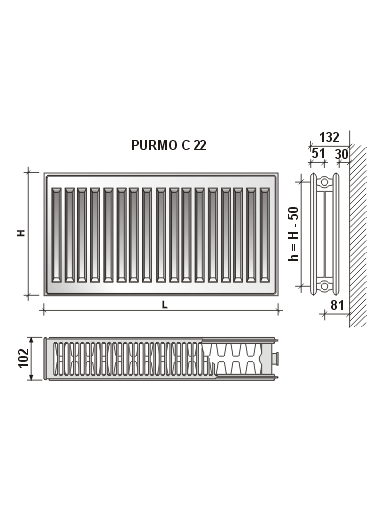 Radiatorius Purmo Compact C 22, 500-1600, pajungimas šone Radiatorius Purmo Compact C 22, 500-1600, pajungimas šone
