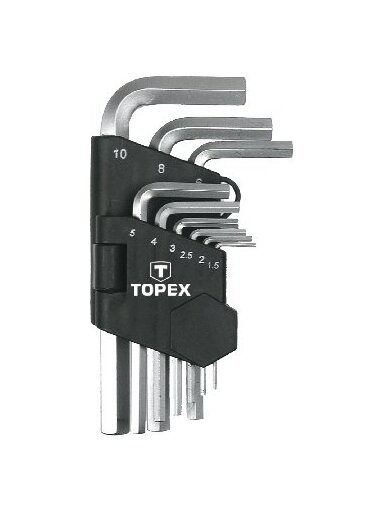 Raktų šešiabriaunių rinkinys 9vnt. 1,5-10mm trumpi Hex Cr-V Topex