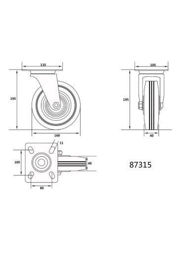Ratukas vežimėliui, guminis, juodas, pasukamas Vorel | d-160mm, 130kg