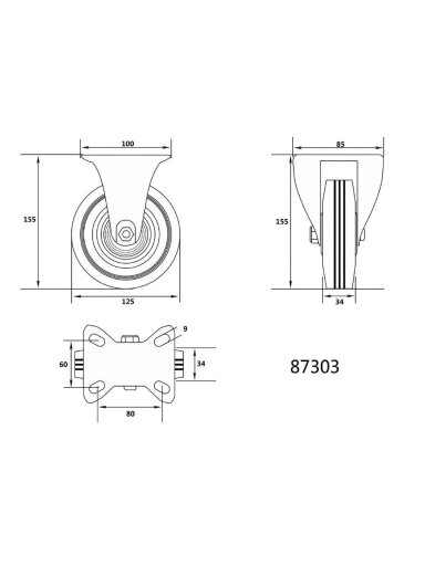 Ratukas vežimėliui, guminis, juodas Vorel | d-125mm, 100kg