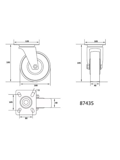Ratukas vežimėliui, poliamidinis, pasukamas Vorel | d-160mm, 130kg
