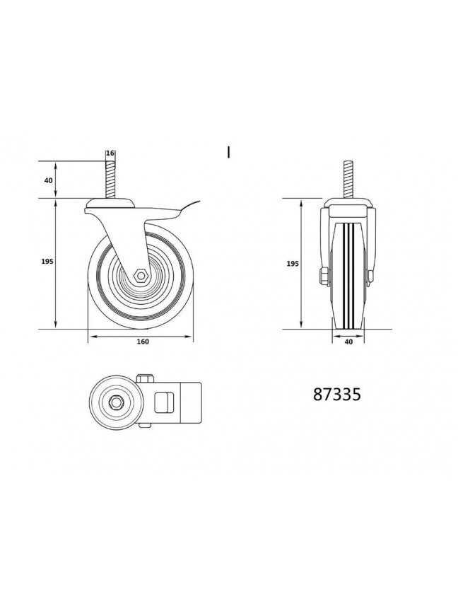 Ratukas vežimėliui, guminis, juodas, pasukamas su stabdžiu, su srieginiu varžtu Vorel | d-160mm, 130kg 1