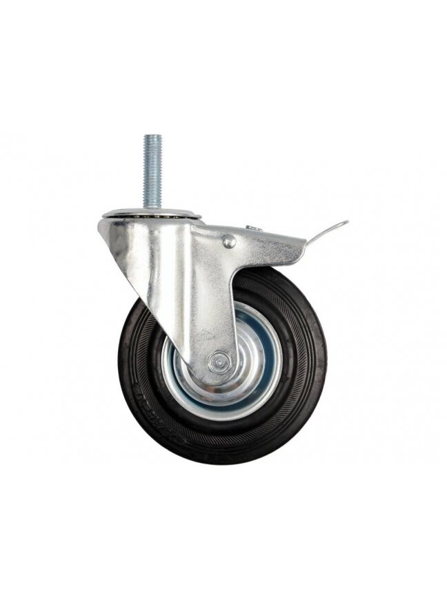 Ratukas vežimėliui, guminis, juodas, pasukamas su stabdžiu, su srieginiu varžtu Vorel | d-160mm, 130kg Ratukas vežimėliui, guminis, juodas, pasukamas su stabdžiu, su srieginiu varžtu Vorel | d-160mm, 130kg