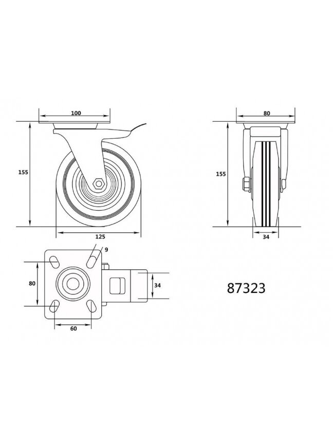 Ratukas vežimėliui, guminis, juodas, pasukamas su stabdžiu Vorel | d-125mm, 100kg 1