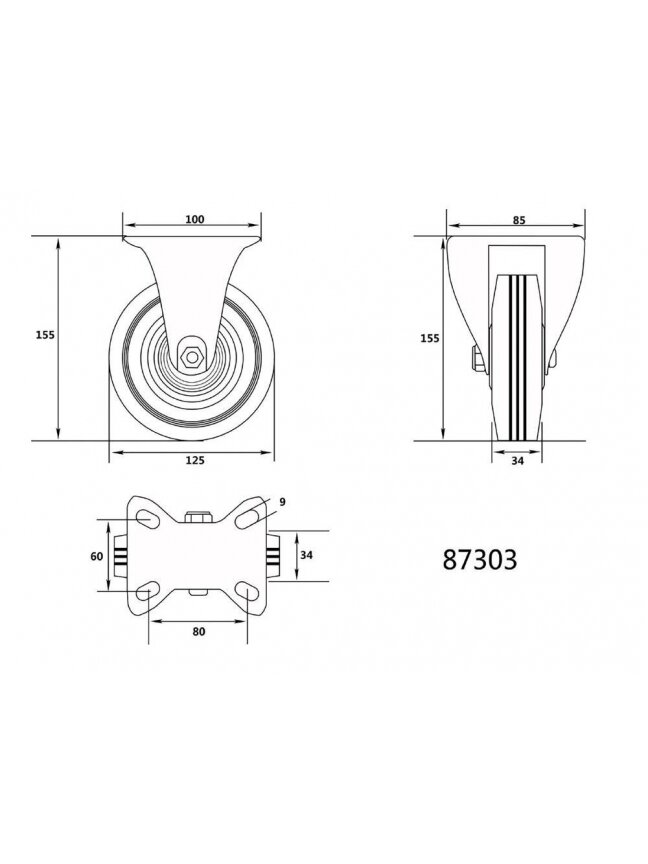 Ratukas vežimėliui, guminis, juodas Vorel | d-125mm, 100kg 1 Ratukas vežimėliui, guminis, juodas Vorel | d-125mm, 100kg 1