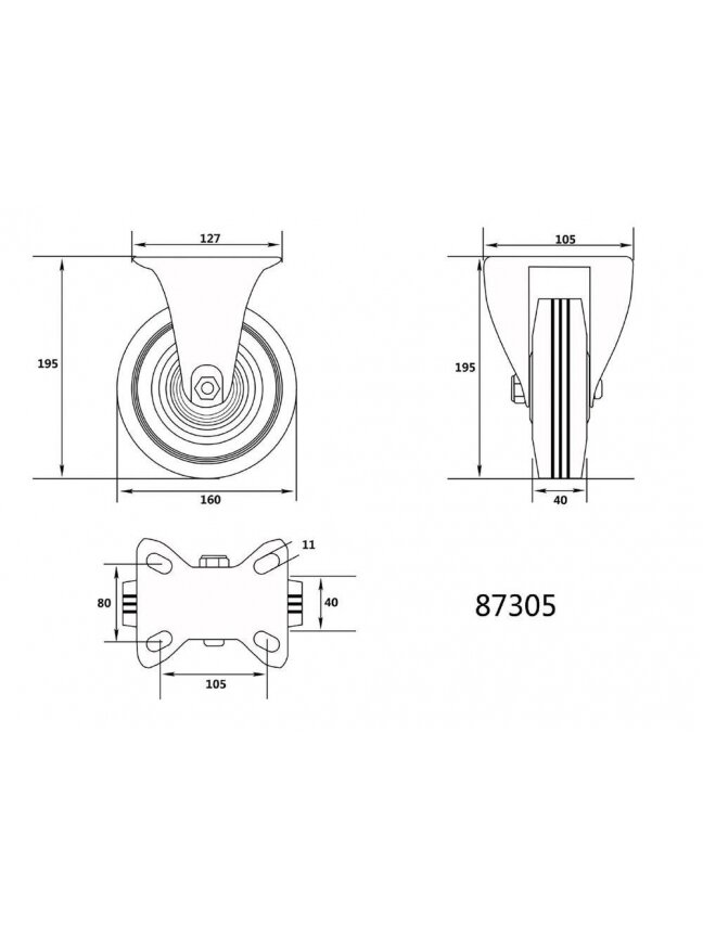 Ratukas vežimėliui, guminis, juodas Vorel | d-160mm, 130kg 1 Ratukas vežimėliui, guminis, juodas Vorel | d-160mm, 130kg 1