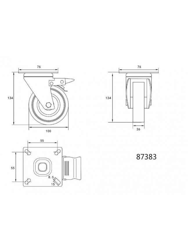 Ratukas vežimėliui, guminis, pilkas, pasukamas su stabdžiu Vorel | d-100mm, 45kg 1 Ratukas vežimėliui, guminis, pilkas, pasukamas su stabdžiu Vorel | d-100mm, 45kg 1