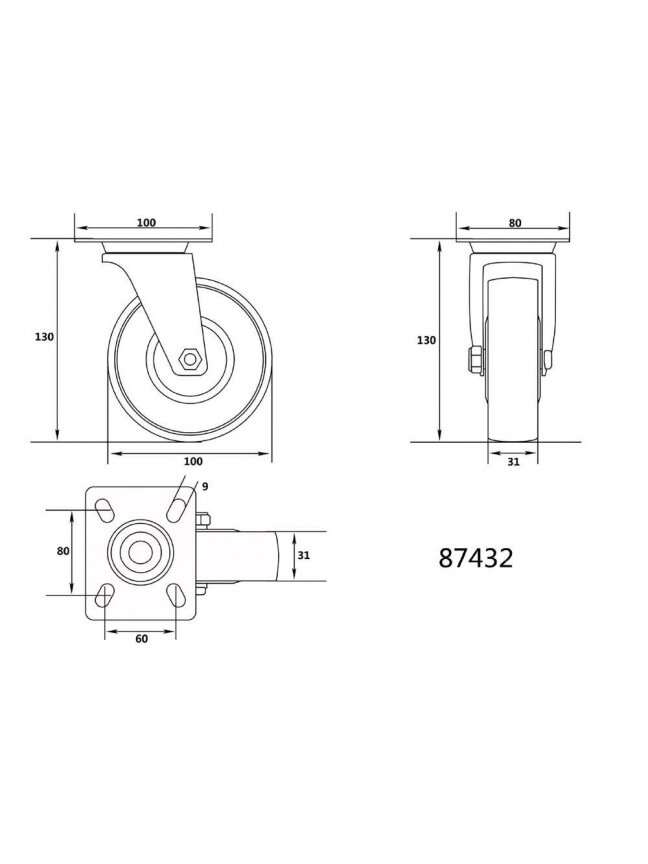 Ratukas vežimėliui, poliamidinis, pasukamas Vorel | d-100mm, 60kg 1 Ratukas vežimėliui, poliamidinis, pasukamas Vorel | d-100mm, 60kg 1