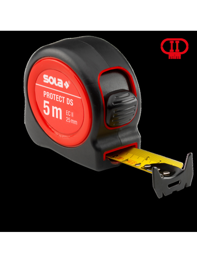Ruletė dvipusė 5 m × 25 mm, klasė II, su dvigubu slankiu kabliuku SOLA PROTECT DS (PE DS 525) Ruletė dvipusė 5 m × 25 mm, klasė II, su dvigubu slankiu kabliuku SOLA PROTECT DS (PE DS 525)