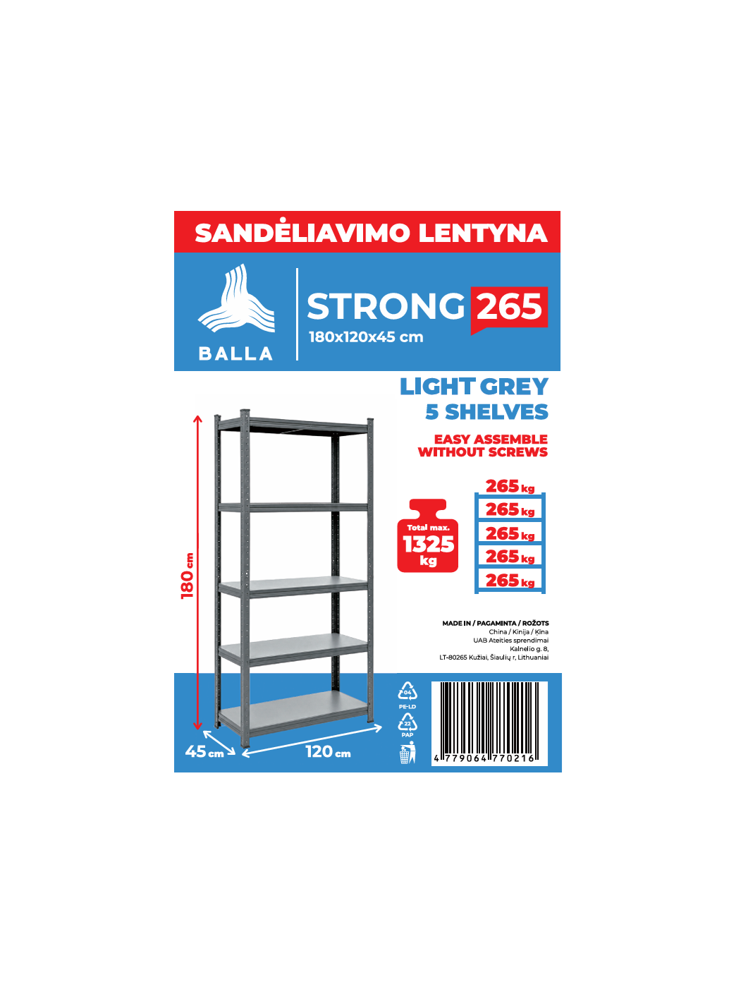 Sandėliavimo lentyna Balla Strong 265, 180x120x45 cm