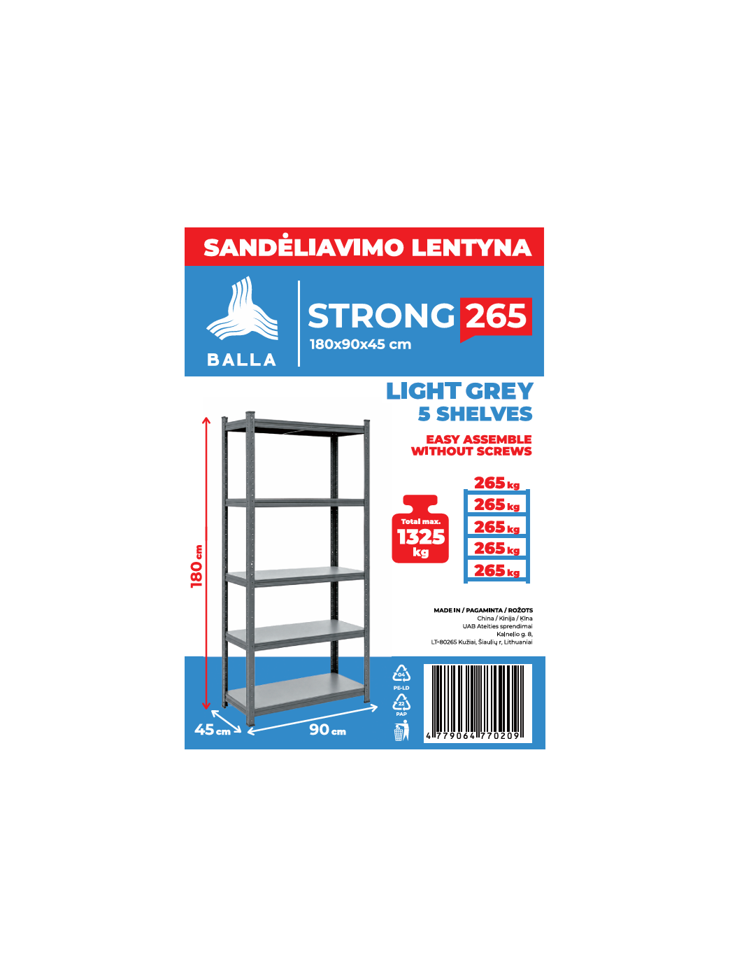 Sandėliavimo lentyna Balla Strong 265, 180x90x45 cm