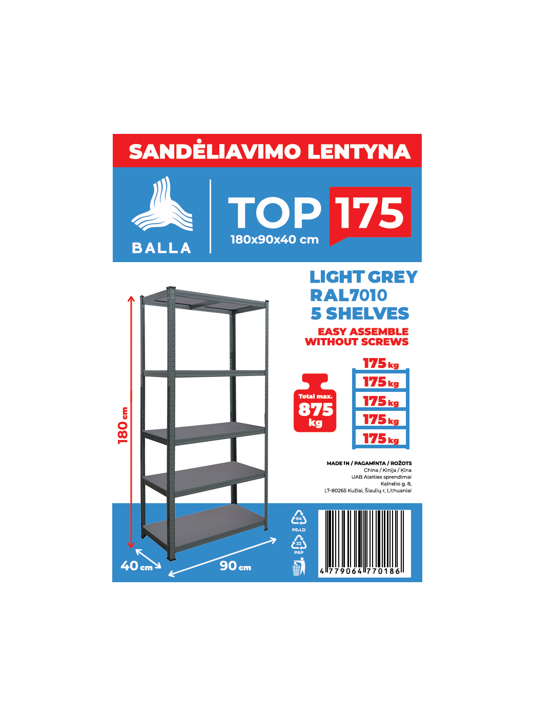 Sandėliavimo lentyna Balla Top 175, 180x90x40 cm