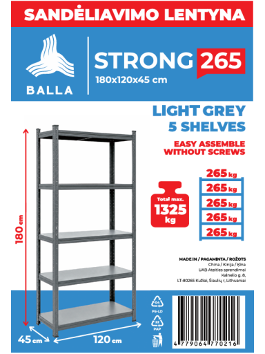 Sandėliavimo lentyna Balla Strong 265, 180x120x45 cm Sandėliavimo lentyna Balla Strong 265, 180x120x45 cm