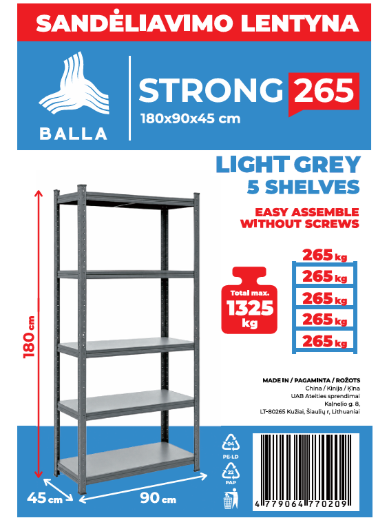 Sandėliavimo lentyna Balla Strong 265, 180x90x45 cm 1