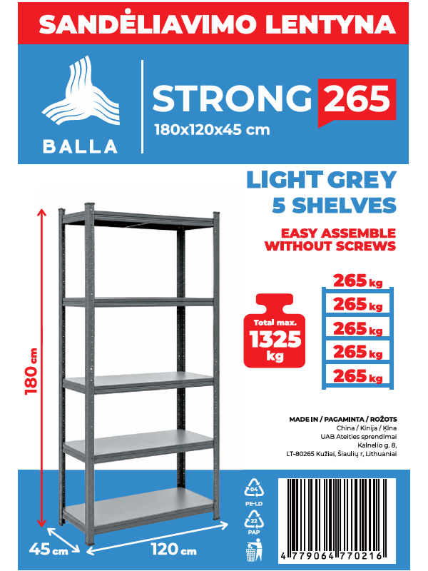 Sandėliavimo lentyna Balla Strong 265, 180x120x45 cm 1 Sandėliavimo lentyna Balla Strong 265, 180x120x45 cm 1