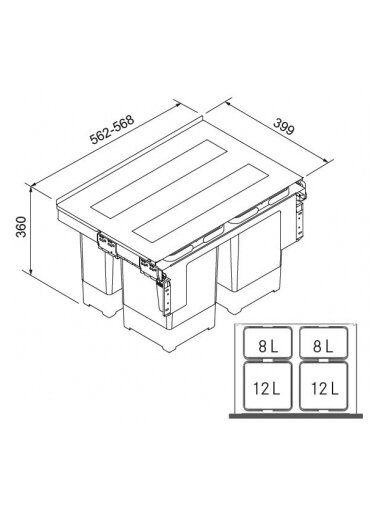 Šiukšliadėžė FRANKE, Sorter Garbo, 60-4, 2x12l.+2X8l.