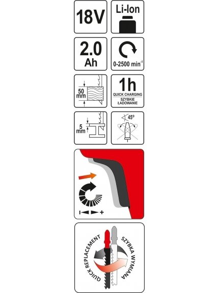 Siaurapjūklis akumuliatorinis 18V Li-ion Yato | 2.0Ah maks. pjaunamos medienos/metalo storis: 50/5mm 2 Siaurapjūklis akumuliatorinis 18V Li-ion Yato | 2.0Ah maks. pjaunamos medienos/metalo storis: 50/5mm 2