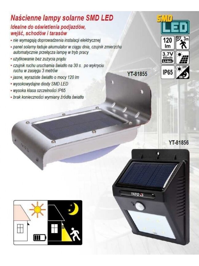 Sieninis šviestuvas su saulės baterija ir judesio davikliu 6 SMD LED Yato 5