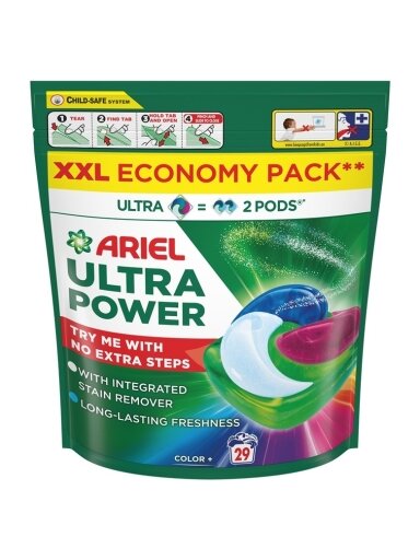 Skalbimo kapsulės Ariel Ultra Power Color+, 29 vnt.