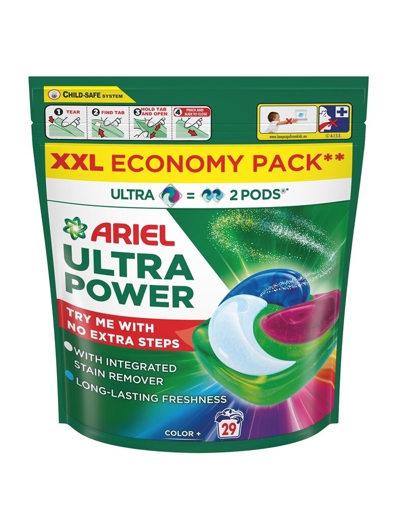 Skalbimo kapsulės Ariel Ultra Power Color+, 29 vnt. Skalbimo kapsulės Ariel Ultra Power Color+, 29 vnt.