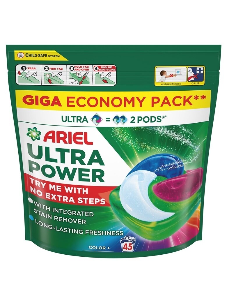 Skalbimo kapsulės Ariel Ultra Power Color+, 45 vnt. Skalbimo kapsulės Ariel Ultra Power Color+, 45 vnt.